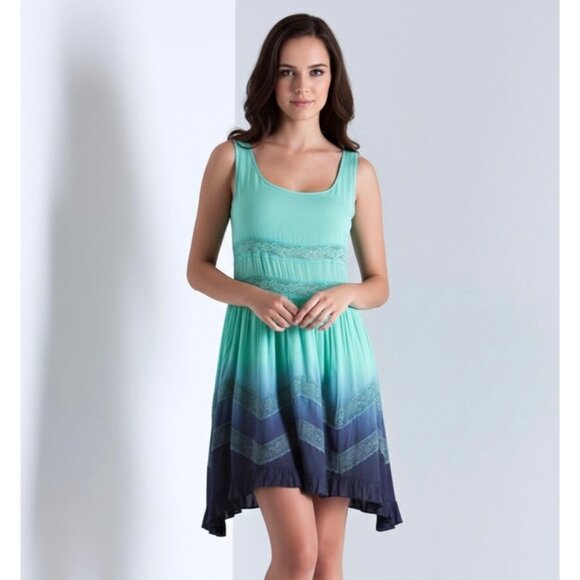 Boutique Dresses & Skirts - NWT Mint Navy Ombré Tiered Ruffle Hem Lace Trim Mini Slip Dress | Boho Mermaid S